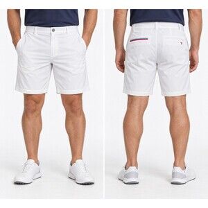 REDVANLY Mens XL White Golf Shorts 9” Inseam Stretch Red Blue Pocket Trim F